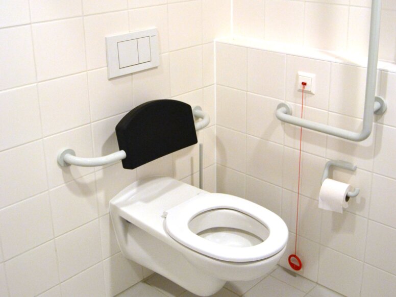 Kolping House Living Together in Vienna Toilet equipped with backrest, angled handle, toilet roll holder and hooks