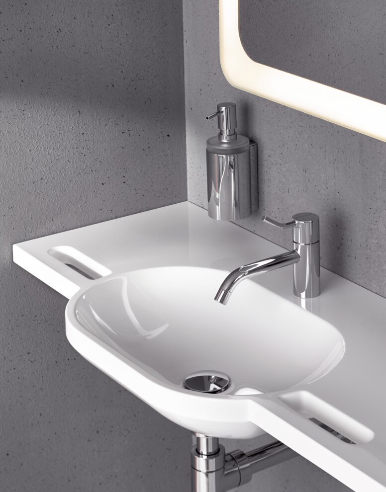 HEWI Washbasin Wash basin with slate handles, oval basin, single lever mixer in chrome, Becker and soap dispenser